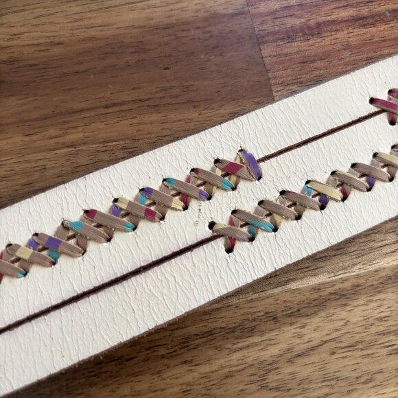 VTG Lucky Brand Leather Belt Womens L Flower Buckle Y2K Boho Southwestern Navajo - Picture 15 of 16